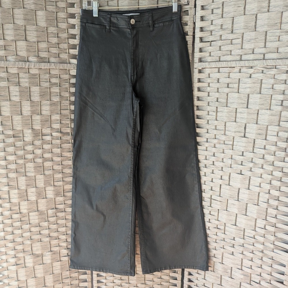 Mango Catherine Coated Denim Pants Waxed Black Wide Leg Trousers Sz 4 Modern